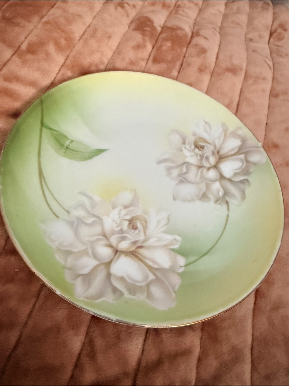 Hand-Painted Porcelain Floral Plate in Soft Green